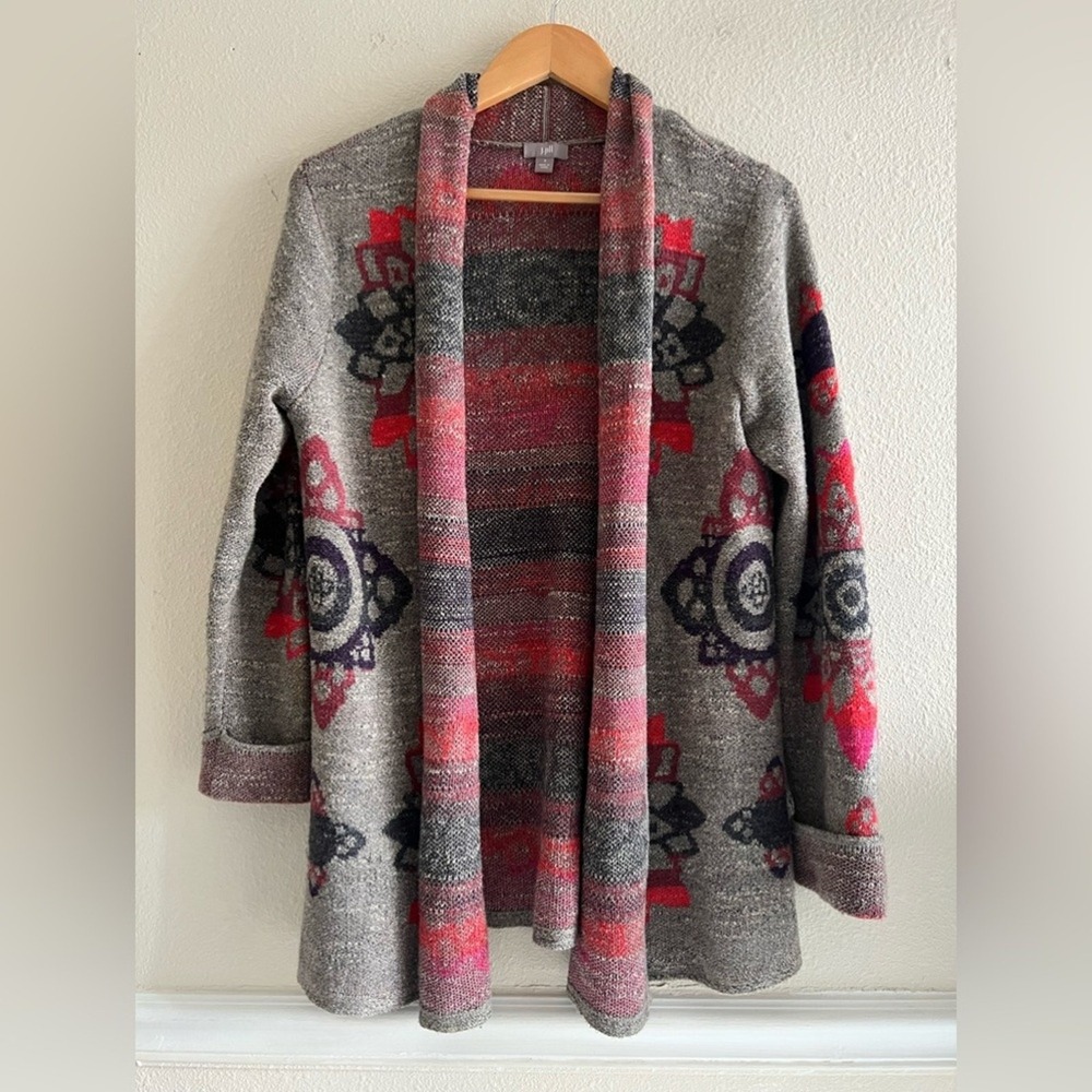 J Jill Cardigan Women's S Open Front Knit Sweater Geometric Boho Southwest
